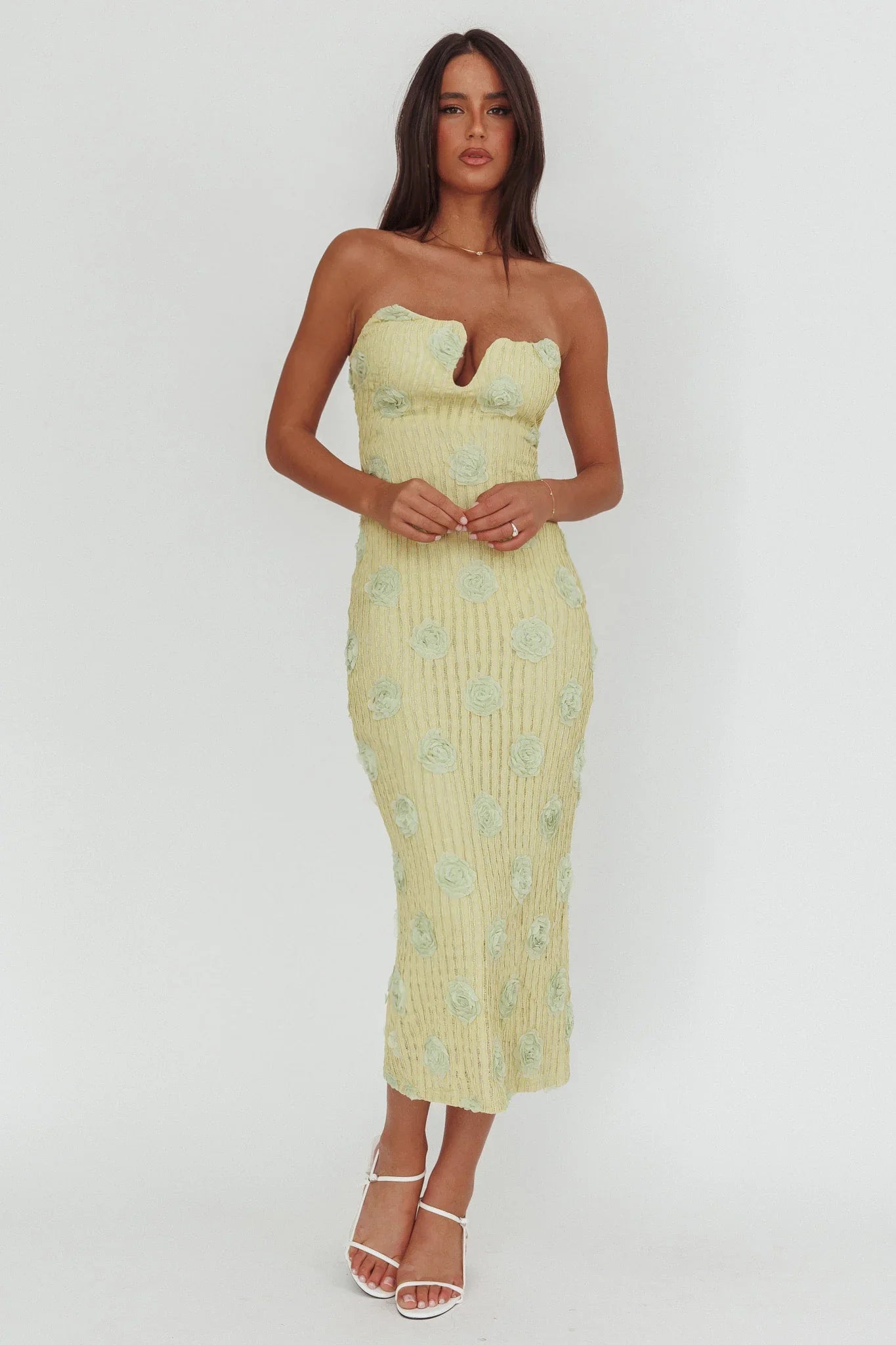 Horizon Strapless Textured Floral Midi Dress Green