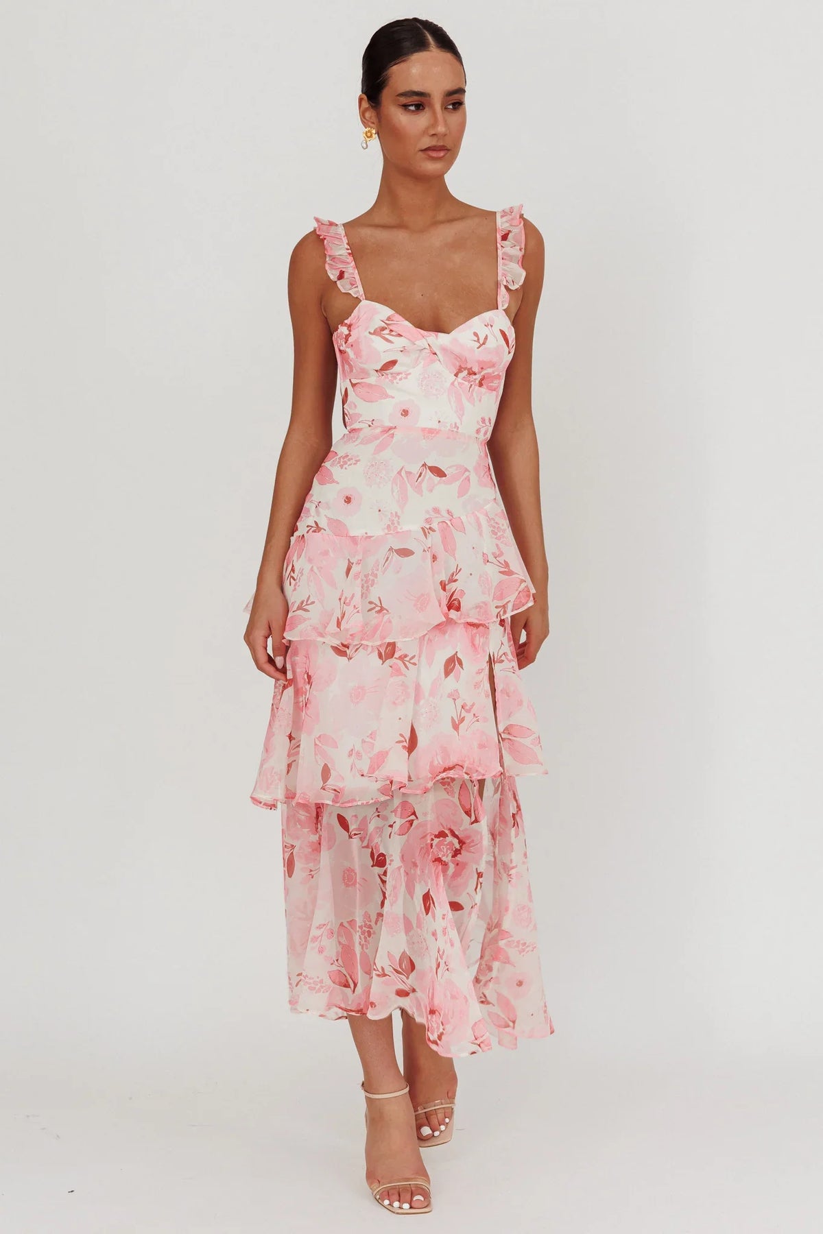 Veda Strappy Back Ruffle Maxi Dress Flowers Blush